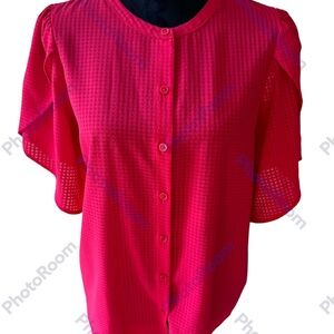 🪻3/$12 EUC WHO WHAT WEAR Pink Ruffled Button-Up Blouse. Chest 18.5"